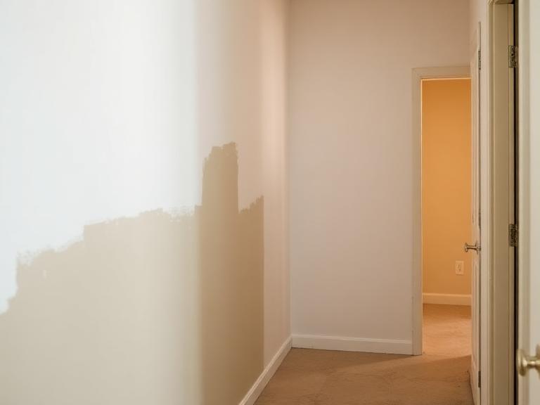 The same hallway wall after drywall patching, texturing and repainting