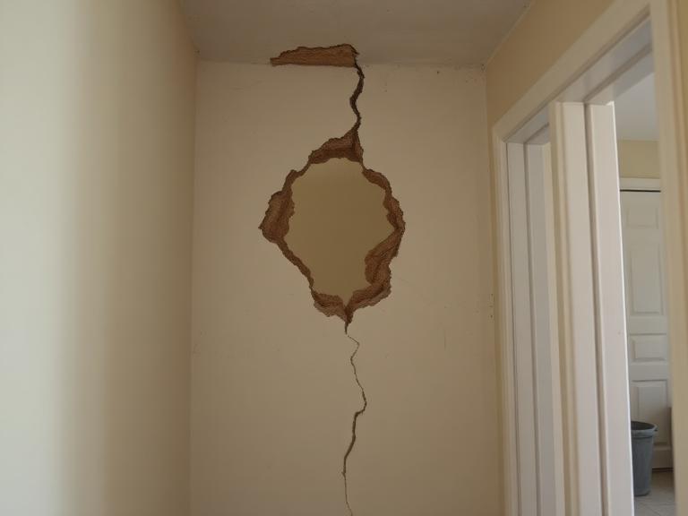 Interior hallway wall with a large hole and a vertical settlement crack before drywall repair