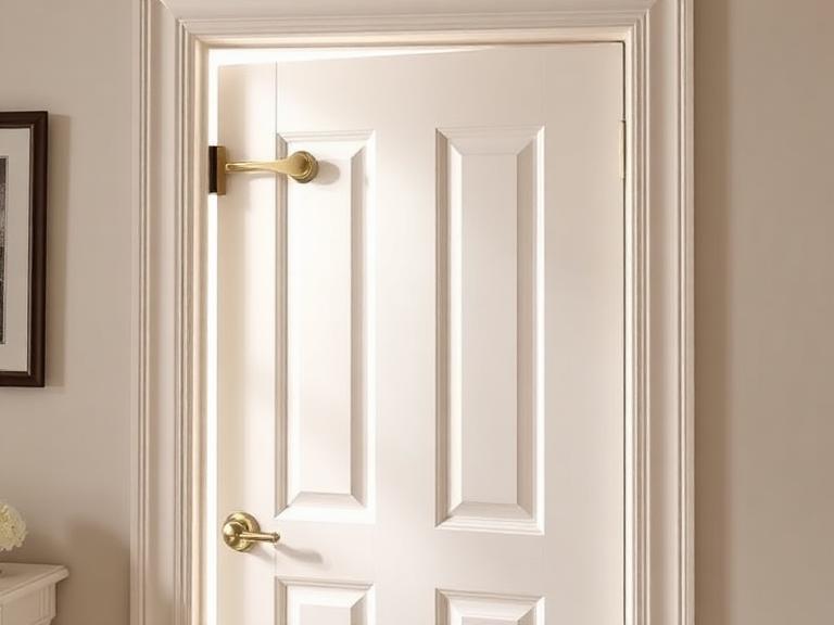 The same interior door rehung square in the frame with new hinges and lever hardware