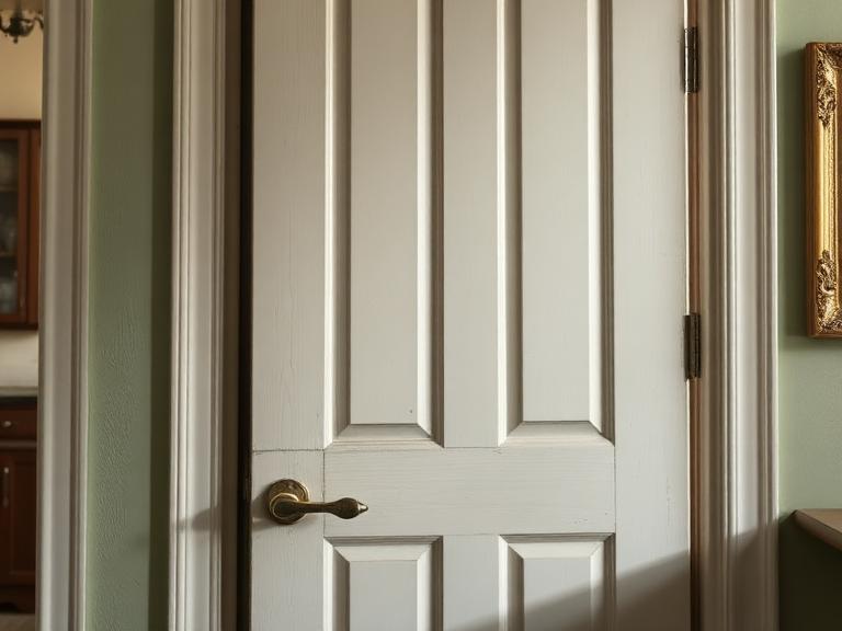 Sagging interior panel door with worn hinges sitting unevenly in its frame
