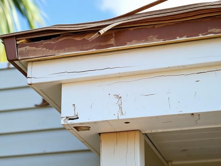 Peeling and moisture-damaged exterior fascia and roof trim on a Florida house