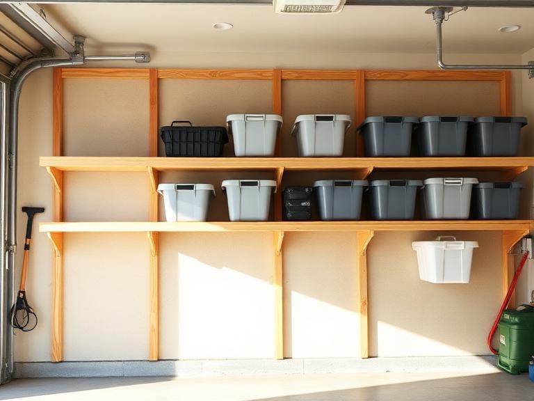 Garage wall with anchored wooden shelving holding storage bins and a clear floor