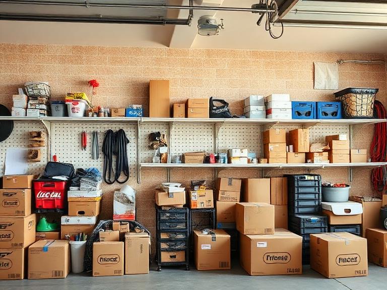 Cluttered garage wall with cardboard boxes and bins stacked on the concrete floor