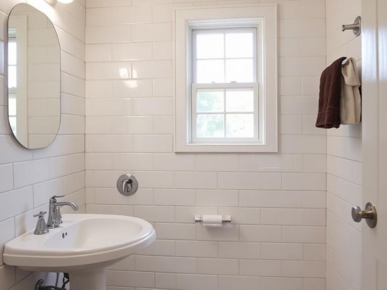 The same bathroom after re-caulking, tile repair and securely remounted hardware