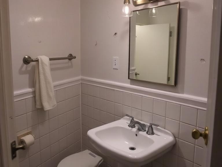 Guest bathroom with wall scuffs, loose towel bar and failed caulk before repairs
